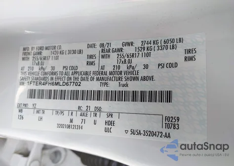 2021 Ford Ranger Xlt z USA, uszkodzony, nr VIN 1FTER4FH6MLD67702